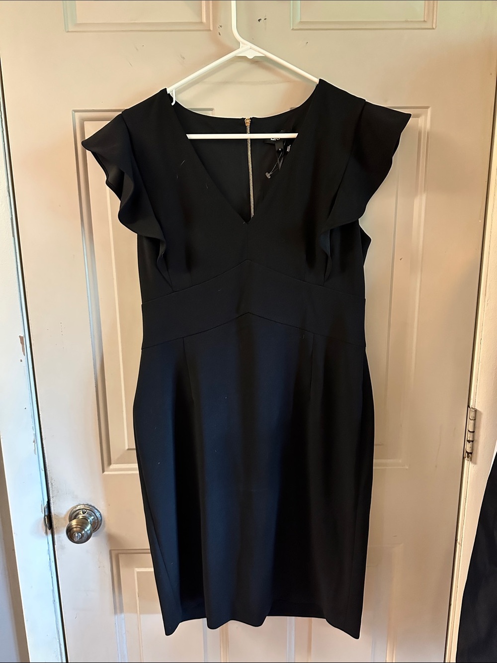 DKNY Black V-Neck Midi Dress with Flutter Cap Sleeves